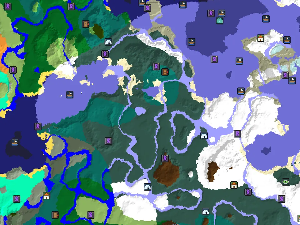 ChunkScout seed map for seed “chunkscout”: biome colours with village, outpost, ruined portal and monument icons