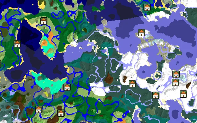 Seed map around spawn with a dozen village icons across plains, taiga and snowy biomes
